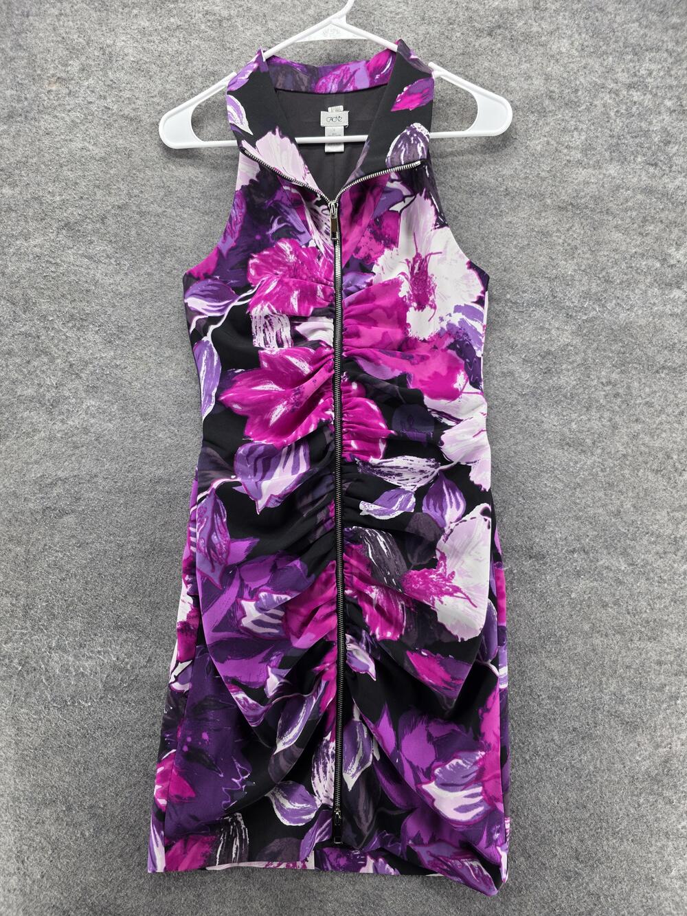 Cache Dress Womens 4 Purple Floral Zip Front Ruched Sleeveless Bodycon Sheath